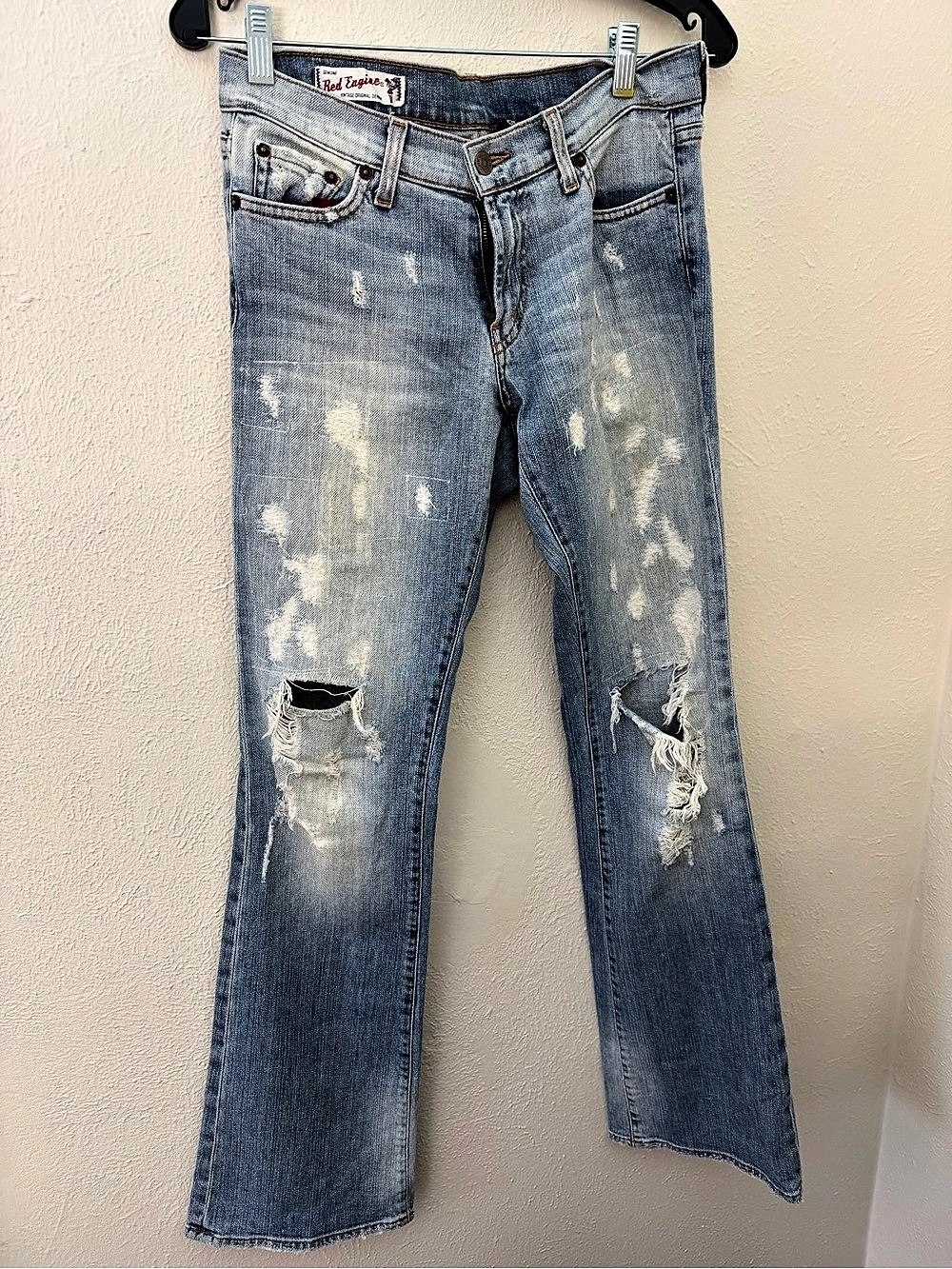 Red Engine Distressed Straight Leg Jeans in Blue